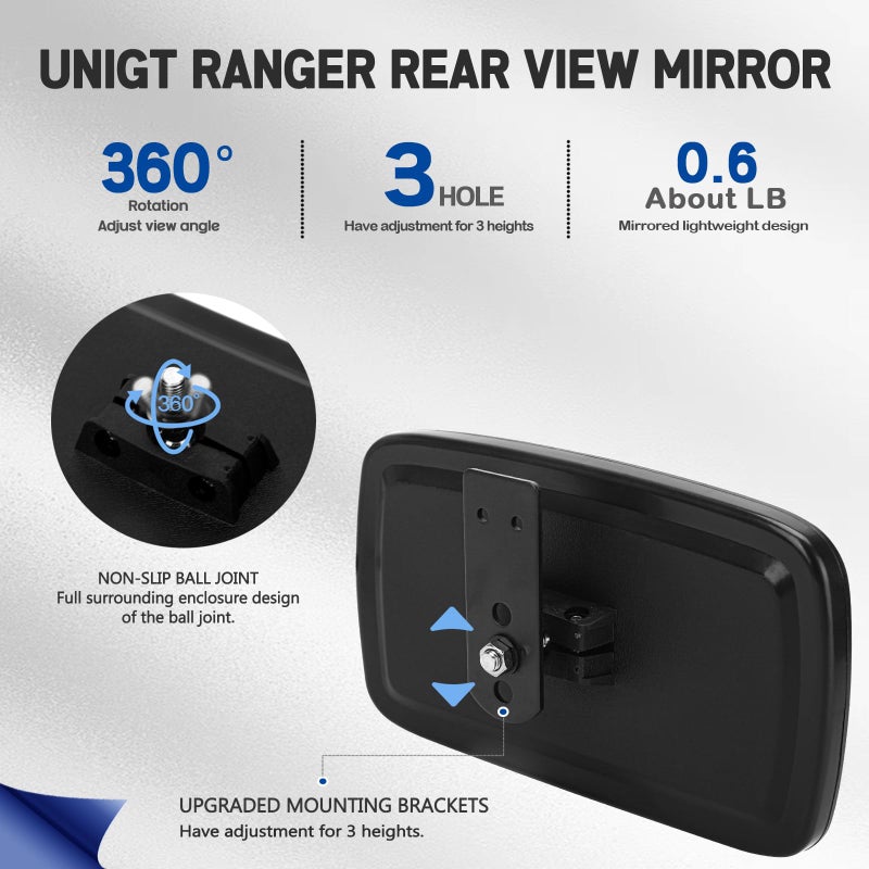 UNIGT Ranger Rear View Mirror, UNIGT Center Convex Rearview Mirrors Compatible with 2017-2026 Polaris Ranger 500 570 900 XP 1000 XP/Crew Fits Factory Present Drop Down Mounting Tab 2879969 - Image 4
